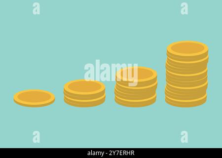 Set di monete d'oro. Diverse pile di oro, denaro contante o tesoro. Banca e finanza. Investimento, profitto o guadagno. Copia spazio. Illustrazione Vettoriale