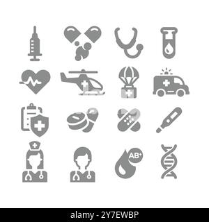 Set di icone di medicina, sanità e vettore medico. Icone di pronto soccorso, farmaco, medico e infermiere. Illustrazione Vettoriale