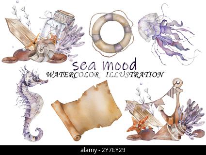 Set (Imposta). Composizione da conchiglie di mare, giare di stelle marine, coralli, alghe, pietre, cavalluccio marino, meduse. Mondo sottomarino. Illustrazione acquerello. Lilla pastello Ton Foto Stock