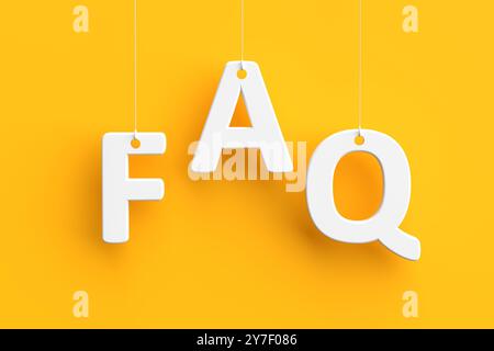 Acronimo bianco FAQ appeso su sfondo giallo, che rappresenta il concetto di domande frequenti. rendering 3d. Foto Stock