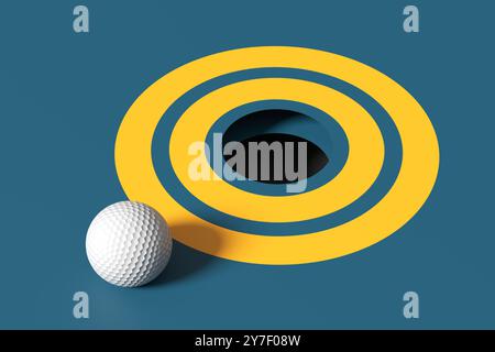 Successo, precisione, raggiungimento degli obiettivi. Sport da golf. La palla da golf bianca si sta muovendo verso una buca su un putting green con un bersaglio giallo. rendering 3d. Foto Stock