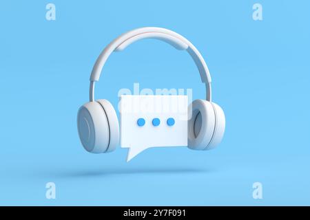 Rendering minimalista di una cuffia che mostra un bolla di chat. Conversazione online, ascolto di podcast, comunicazione, telemarketing e assistenza clienti. Foto Stock