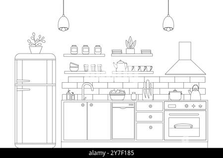 Mobili da cucina. Illustrazione vettoriale in stile line art. Contorno degli elettrodomestici da cucina. Illustrazione Vettoriale