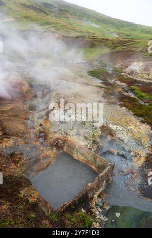 L'area geotermica di Hveradalir in Islanda in un Foggy Summer Day Foto Stock