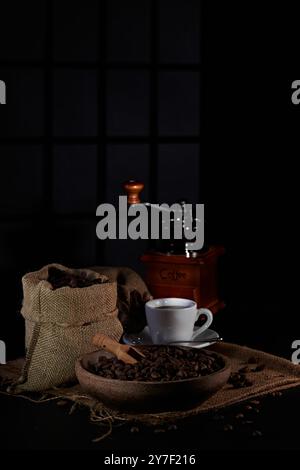 macinacaffè, fotografato sullo sfondo di un'ombra della finestra e posizionato su un vassoio, un piccolo cucchiaio di caffè per raccogliere i chicchi di caffè Foto Stock