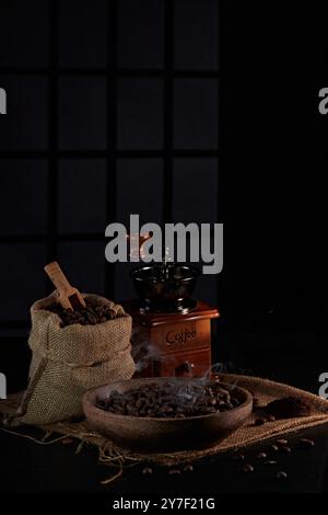 macinacaffè, fotografato sullo sfondo di un'ombra della finestra e posizionato su un vassoio, un piccolo cucchiaio di caffè per raccogliere i chicchi di caffè Foto Stock