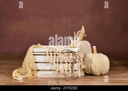 Sfondo digitale neonato con scatola di legno bianca vuota con zucca e sfondo marrone Foto Stock