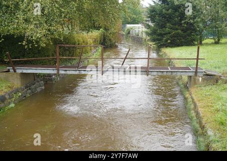 DATA RECORD NON DICHIARATA Ostsachsen - Dauerregen sorgt für weitersteigende Pegel 16.09.2024 Neukirch/Lausitz, Schirgiswalde-Kirschau, Bautzen Spree/Stausee Fotograf: LausitzNews.de Aufgrund der anhaltenden Regenfälle steigen die Pegel der Wesenitz in Neukirch/Lausitz und Spree weiter rasch an. Halten die Regenfälle weiterhin an, so kann es morgen schon zu einer weiteren Erhöhung der Alarmstufe kommen. Die aktuellen Pegelstände: Neukirch/Lausitz - Wesenitz: 115 cm / 6,79 m3/s Alarmstufe 1 überschritten Schirgiswalde - Spree: 256 cm / 15,1 m3/s Alarmstufe 2 erreicht Bautzen - Sprea: 207 cm/ 24 m3/s, Foto Stock