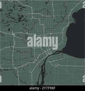 Cartina di Detroit nel Michigan in uno stile morbido e scuro. Contiene vettore stratificato con strade, acqua, parchi, ecc. Illustrazione Vettoriale