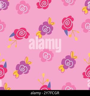 Motivo floreale Childens. Motivo vettoriale di rose grandi disegnato a mano con fiori e foglie. Stampa femminile. Delicato sfondo floreale primaverile per pigiama per bambini, Illustrazione Vettoriale