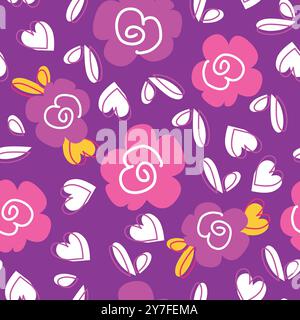 Motivo floreale bambini. Carino motivo a rose grandi con fiori, cuori e foglie. Stampa femminile. Sfondo a molla viola per pigiami, tessuto, tessuto e tessuto per bambini Illustrazione Vettoriale