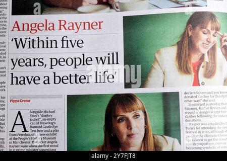 Angela Rayner "entro cinque anni, People will have a Better Life" il giornale Guardian titola donazioni del Partito Laburista articolo settembre 2024 Londra Regno Unito Foto Stock