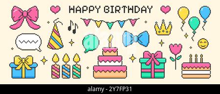 Set di elementi per buon compleanno pixel art. Adesivi pixelati di torta Y2K con candele, bowknot, confezioni regalo con nastri per regali in stile retrò a 8 bit. Feste con bandiere e icone per festeggiare Illustrazione Vettoriale