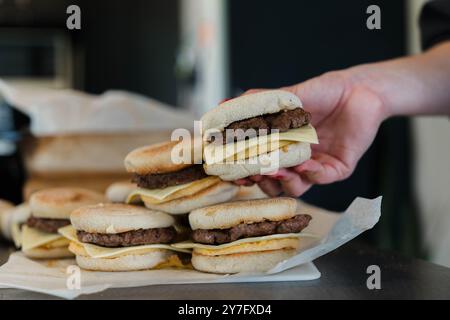 Panini per colazione con muffin all'inglese con uova e polpette di manzo Foto Stock