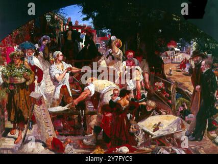 In The Sweat of the Face Shalt Thou Eat Bread Work - di Ford Maddox Brown (finito nel 1868) Ford Madox Brown (16 aprile 1821 - 6 ottobre 1893) è stato un pittore inglese di soggetti morali e storici, notevole per la sua distintiva versione grafica e spesso Hogarthian dello stile preraffaellita. Mentre era strettamente associato alla Fratellanza Pre-Raphaelite, non fu mai un membro. Il dipinto più importante di Brown fu Work (1852-1865), che mostrò in una mostra speciale. Ha tentato di rappresentare la totalità dell'esperienza sociale di metà vittoriana in una singola immagine, raffigurando ' Foto Stock