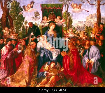 La festa dei Giardini delle Rose di Albrecht Durer Albrecht Dürer (21 maggio 1471 – 6 aprile 1528) è stato un pittore tedesco, intagliatore di legno, incisore e matematico di origine ungherese. O Garland of Roses Altarpiece, 1600 Durer, Albrecht (1471-1528) (dopo) nel Kunsthistorisches Museum, Vienna, Austria Century C17th ©TopFoto Foto Stock