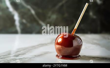 Mela toffee rossa a tema Halloween con luccicante smalto caramello e una piccola decorazione a ragno nero su una superficie in marmo, elegante e spettrale cesto autunnale di fascia alta Foto Stock