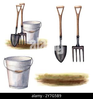 Composizione con secchio da giardino in metallo e utensili per giardinaggio, agricoltura come vanga, pala, forcone. Illustrazione ad acquerello disegnata a mano isolata su Foto Stock