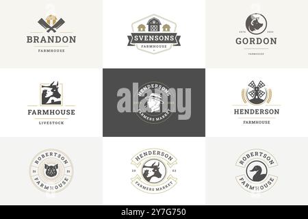 Farmhouse Butchery bestiame raccolto mercato agricolo retro logo design set modello vettoriale illustrazione piatta. Agricoltura e agricoltura gatto rustico del villaggio Illustrazione Vettoriale
