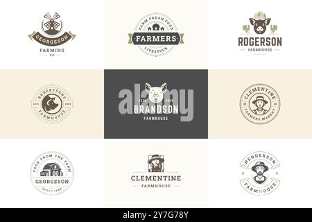 Bestiame bestiame allevamento produzione di carne biologica fresca retro logo design set modello vettoriale illustrazione piatta. Mercato agricolo agricoltura eco-alimentare i Illustrazione Vettoriale