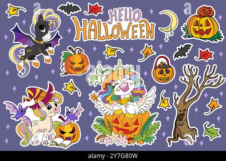 Simpatici unicorni, zucche, elementi isolati su sfondo blu. Collezione di illustrazioni disegnate a mano per le festività di Halloween. Set vettoriale di adesivi, parte Illustrazione Vettoriale