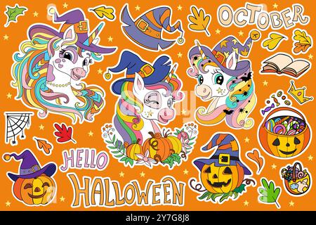 Simpatici unicorni, zucche, elementi isolati su sfondo viola. Collezione di illustrazioni disegnate a mano per le festività di Halloween. Set vettoriale di adesivi, pa Illustrazione Vettoriale