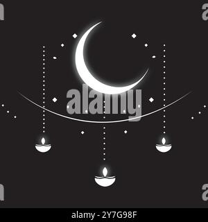 Sereno cielo notturno con Luna Mezzaluna e Lanterne scintillanti che creano una pacifica scena celeste Diwali, Eid, Natale e altri festival religiosi Illustrazione Vettoriale