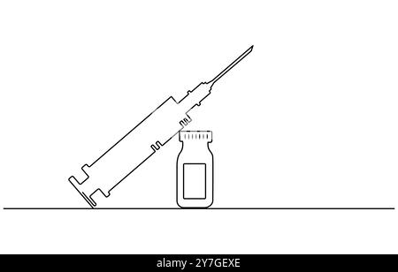 Siringa medica e bottiglia con farmaco liquido in una linea continua disegno vettoriale, siringa medica e bottiglia con farmaco liquido in Illustrazione Vettoriale