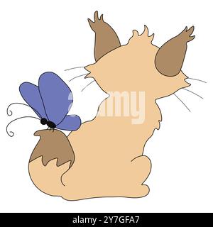 soffice gatto di sabbia beige si siede con cura con una farfalla sulla sua morbida coda, vista dal retro, facile da modificare, vettore stock Foto Stock