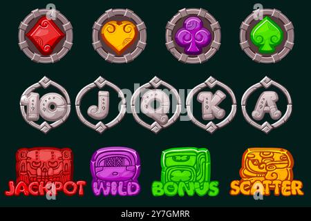 Set di 12 simboli slot tema Maya o Azteco. Elemento UI per jackpot nel gioco d'azzardo. Icone di pietra per giochi 2D e casinò o slot machine. Elementi grafici per Illustrazione Vettoriale