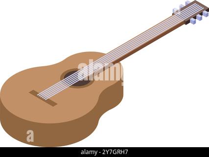 Chitarra acustica con sei corde su sfondo bianco vista isometrica Illustrazione Vettoriale