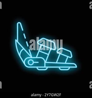 Icona blu brillante del sedile dell'aereo al neon che si illumina su uno sfondo scuro, perfetta per i viaggi e i temi dell'aviazione Illustrazione Vettoriale