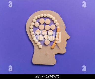 Un assortimento di varie pillole e capsule, che rappresentano la complessità e la varietà di farmaci utilizzati nella guarigione mentale Foto Stock