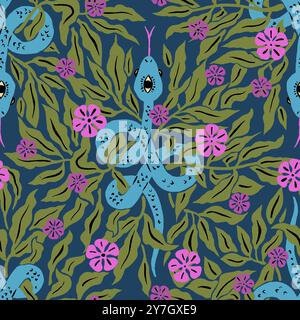 Motivo senza cuciture con serpenti floreali mistici Illustrazione Vettoriale