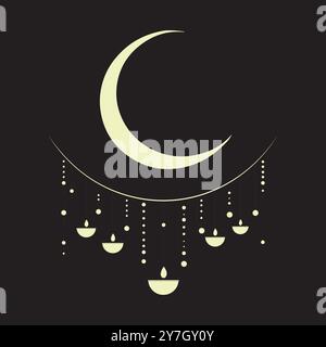 Una luna serena minimalista con illustrazione Diyas appesa che celebra Diwali, Eid, Natale e altri festival religiosi in una tavolozza monocromatica Illustrazione Vettoriale