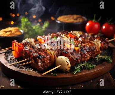 Spiedini succosi alla griglia con carne e verdure, guarniti con erbe fresche Foto Stock