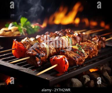 Spiedini succosi alla griglia con carne e verdure, guarniti con erbe fresche Foto Stock