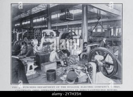 DIPARTIMENTO DI PUNZONATURA DEI LAVORI DELLA BULLOCK ELECTRIC COMPANY. CINCINNATI, OHIO. AZIONATI DA MOTORI COLLEGATI DIRETTAMENTE. Dall'articolo APPLICAZIONI DELL'ENERGIA ELETTRICA NELLE OPERE DI INGEGNERIA. Di Louis Bell. Dalla rivista Engineering dedicata al progresso industriale volume XX 1900 - 1901 The Engineering Magazine Co Foto Stock