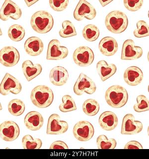 Biscotti al cuore di marmellata rossa di San Valentino. Motivo senza cuciture su sfondo bianco dipinto con acquerello. Per design, tessuti, carta da parati, tessuti, imballaggi Foto Stock