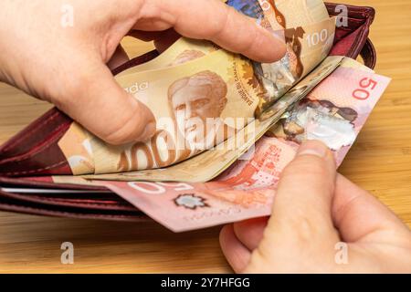 Soldi del Canada. A mano che estrae denaro dal portafoglio marrone, dalle banconote in dollari canadesi, dal concetto di business finanziario Foto Stock
