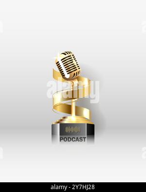 Microfono Podcast 3d dorato su supporto e onda audio, icona dell'apparecchiatura audio. Apparecchiature professionali per trasmissioni audio e interviste. rendering 3d. Illustrazione Vettoriale