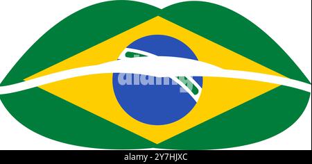 Una vivace illustrazione vettoriale di baciare le labbra nei colori della bandiera brasiliana in stile cartoni animati piatto. Campagne turistiche, brochure di progettazione, volantini o pac Illustrazione Vettoriale