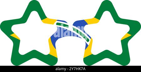 Una vivace illustrazione vettoriale di occhiali a forma di stella nei colori della bandiera brasiliana in stile cartoni animati piatto. Campagne turistiche, brochure di progettazione, volantini, Illustrazione Vettoriale