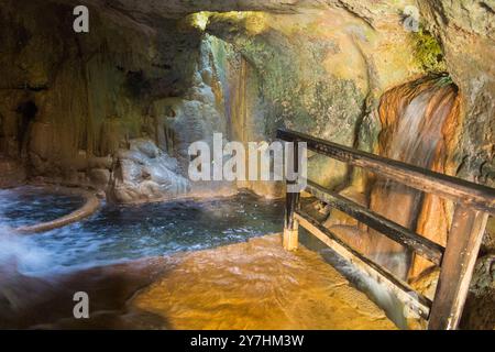 Area contrassegnata come "lavatrice", parte del mulino ad acqua del Parco Nazionale di Krka e parte della produzione tessile parte del complesso. Croazia. Grotta e cascata con acqua che cade in un'area di pulizia. (138) Foto Stock