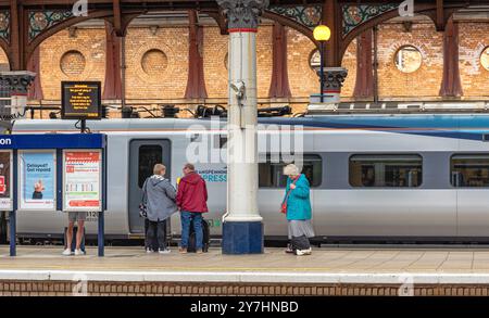 Un treno moderno si trova in una storica piattaforma della stazione ferroviaria sotto una tettoia di ferro del XIX secolo. Una bacheca e le schermate di partenza sono sulla piattaforma Foto Stock