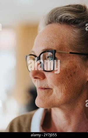 Primo piano di una donna d'affari matura con occhiali da vista Foto Stock