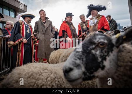 Londra, Regno Unito. 29 settembre 2024. Sheep Drive attraversa il Southwark Bridge. L'attore Damian Lewis, egli stesso Freeman of the City, si unisce al gregge durante l'annuale Sheep Drive. La Worshipful Company of Woolmen Sheep Drive è condotta attraverso il Southwark Bridge da Freemen della City di Londra, che storicamente ha permesso di portare bestiame e attrezzi in città senza pagare tasse. Crediti: Guy Corbishley/Alamy Live News Foto Stock