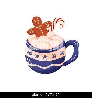 Tazza natalizia ripiena di cioccolata calda, marshmallow, biscotti al pan di zenzero e canna da zucchero in stile cartoni animati. Design per Natale, vacanze invernali Illustrazione Vettoriale