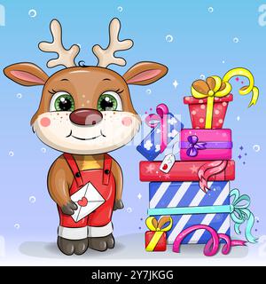 Carino cervo cartoni animati con regali. Illustrazione del vettore natalizio su sfondo blu. Illustrazione Vettoriale