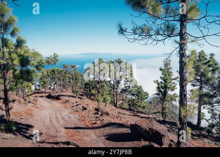 Un sentiero su una cresta in un'arida cresta con vedute mozzafiato di Tenerife nelle isole Canarie Foto Stock